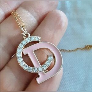Christian Dior Classic Logo in Pink & Crystals Accent Gold Tone Necklace